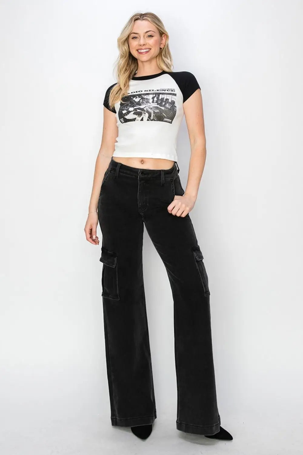 Black High Rise Wide Leg Cargo Jeans - Cargo Jeans