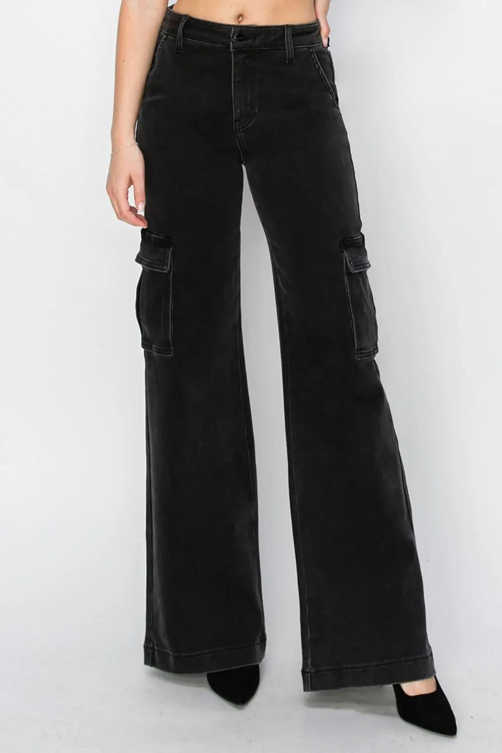 Black High Rise Wide Leg Cargo Jeans - Cargo Jeans