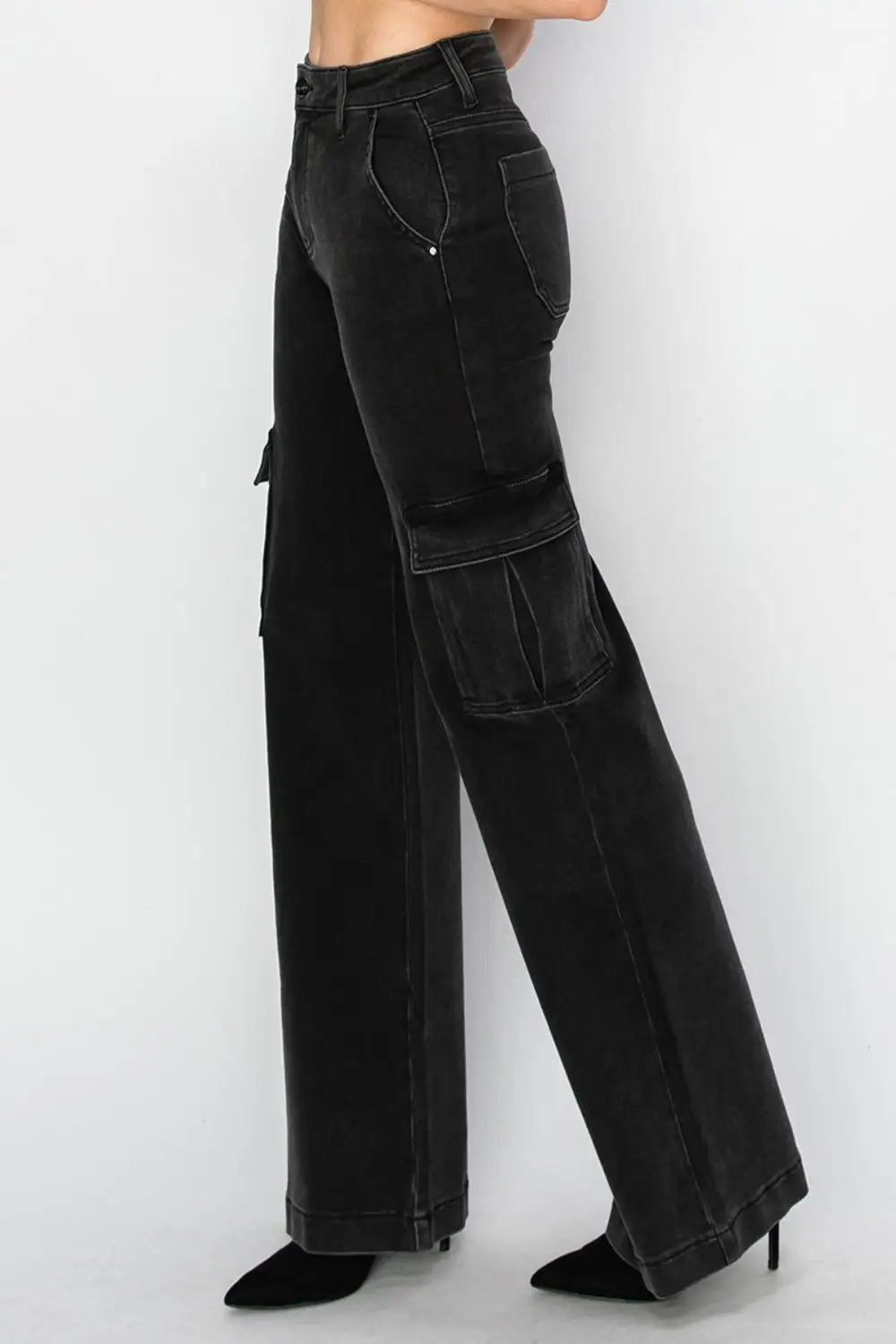 Black High Rise Wide Leg Cargo Jeans - Cargo Jeans