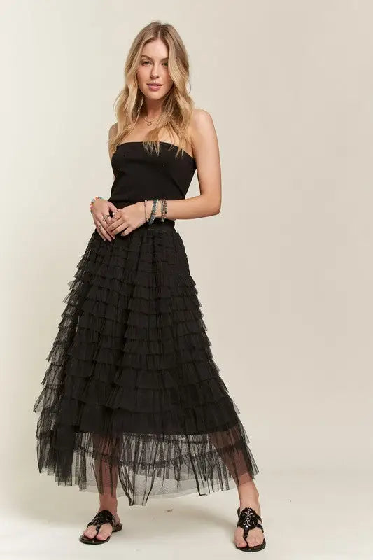 Black Layered Mesh Midi Skirt - Eclectage