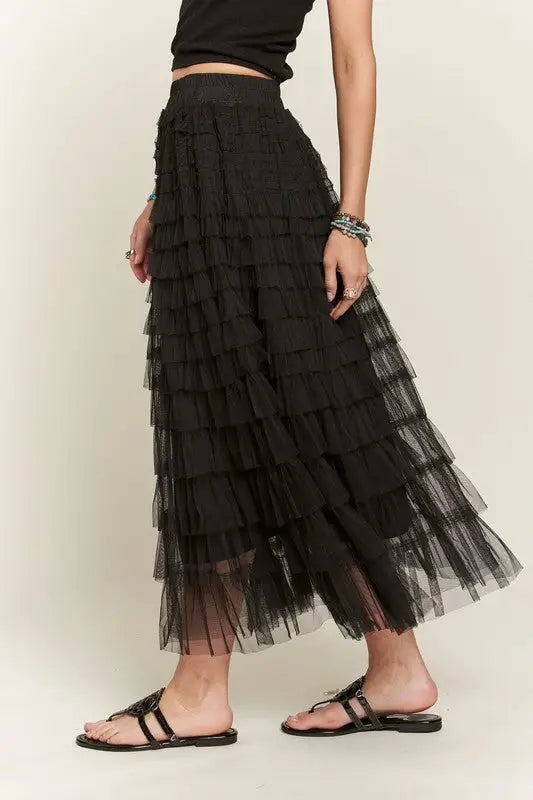 Black Layered Mesh Midi Skirt - Eclectage