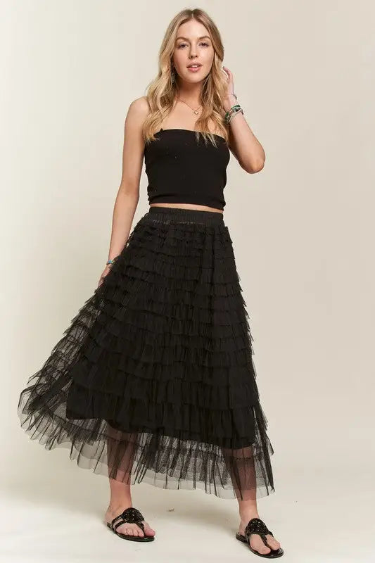 Black Layered Mesh Midi Skirt - Eclectage