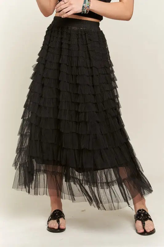 Black Layered Mesh Midi Skirt - Eclectage