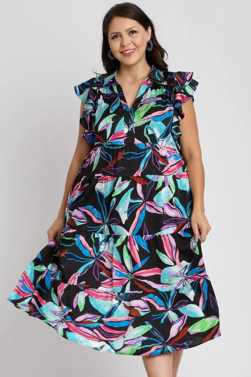 Black Leaf Print Midi Dress - Midi Dresses