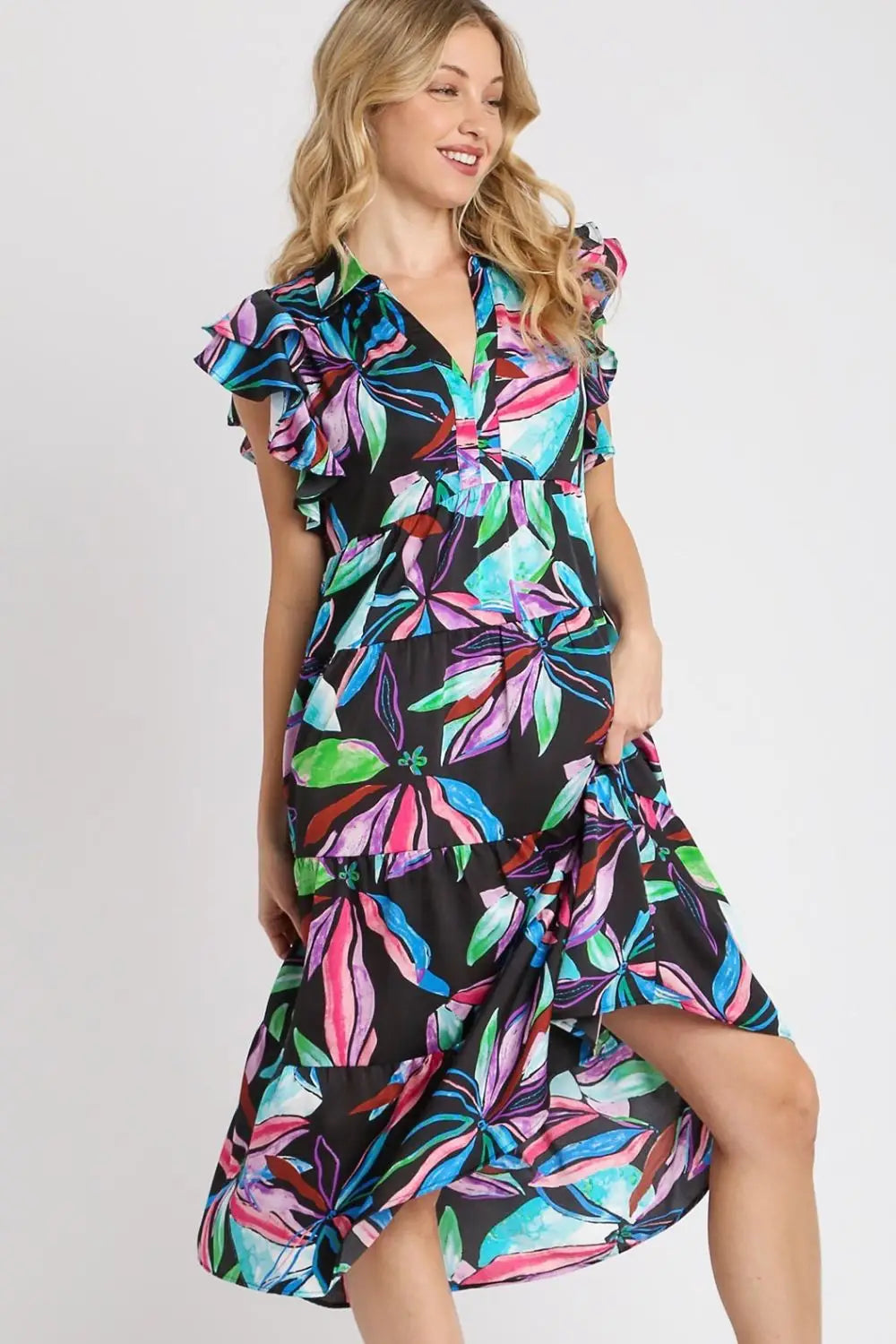 Black Leaf Print Midi Dress - Midi Dresses