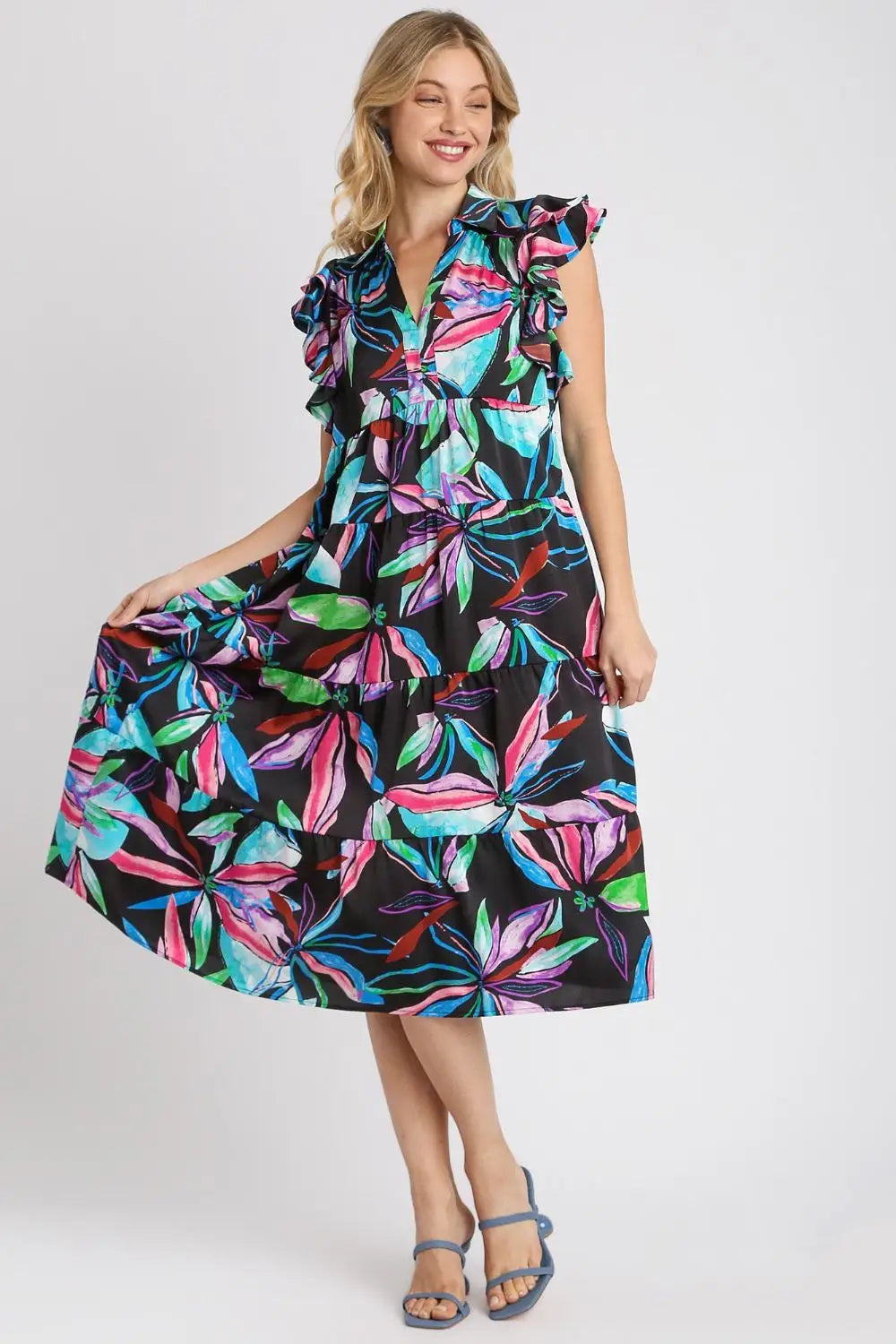Black Leaf Print Midi Dress - Midi Dresses