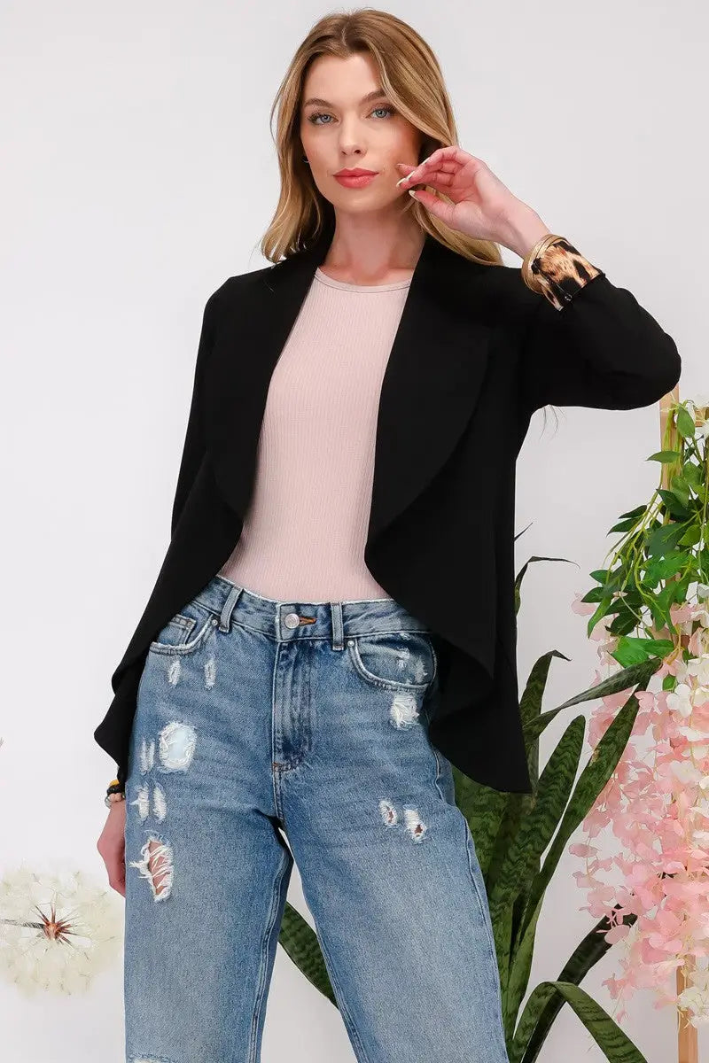 Black Leopard Cuff Open Front Blazer - Eclectage