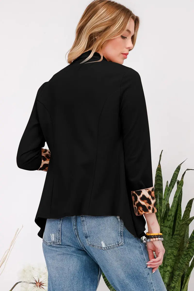 Black Leopard Cuff Open Front Blazer - Eclectage