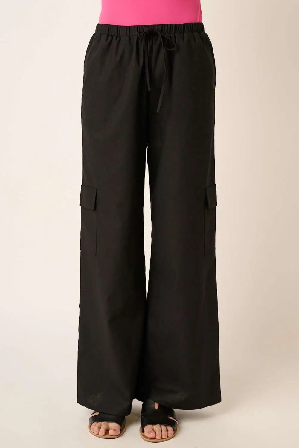 Mittoshop Linen Wide Leg Elastic Waist Cargo Pants - Eclectage