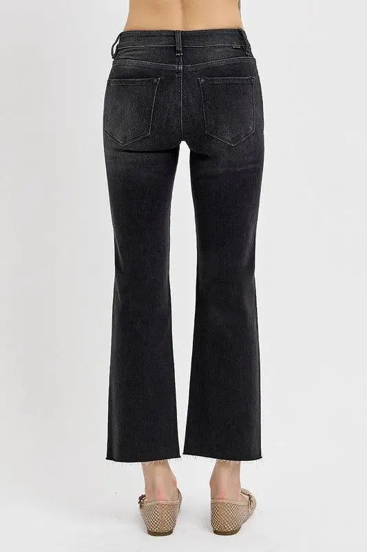 Black Mid Rise Crop Straight Jeans - Cropped Jeans