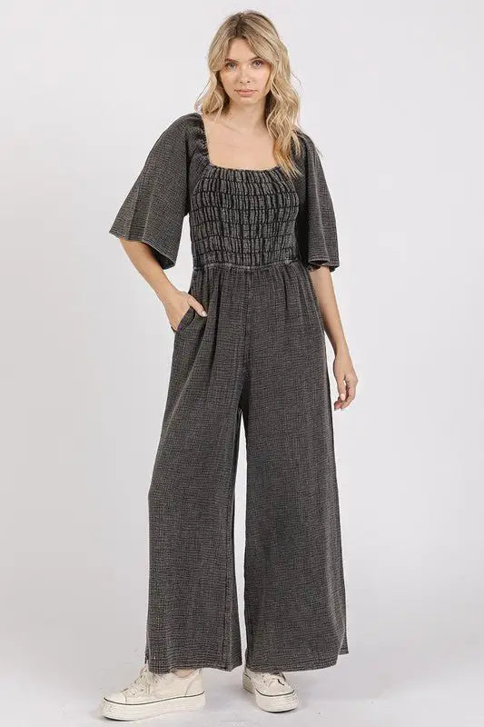 Black Mineral Wash Gauze Ruched Jumpsuit - Jumpsuits