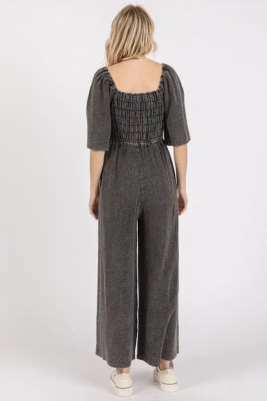 Black Mineral Wash Gauze Ruched Jumpsuit - Jumpsuits