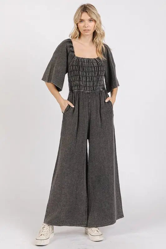 Black Mineral Wash Gauze Ruched Jumpsuit - Jumpsuits