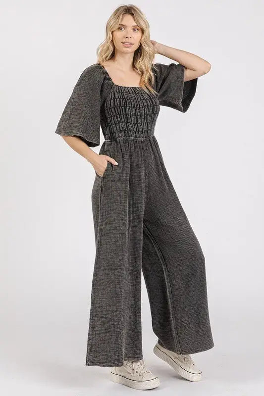 Black Mineral Wash Gauze Ruched Jumpsuit - Jumpsuits