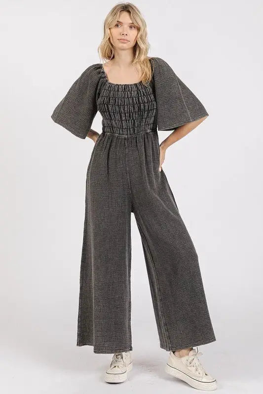 Black Mineral Wash Gauze Ruched Jumpsuit - Jumpsuits