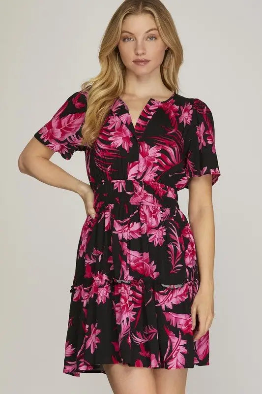 Black Printed Frill Tiered Dress