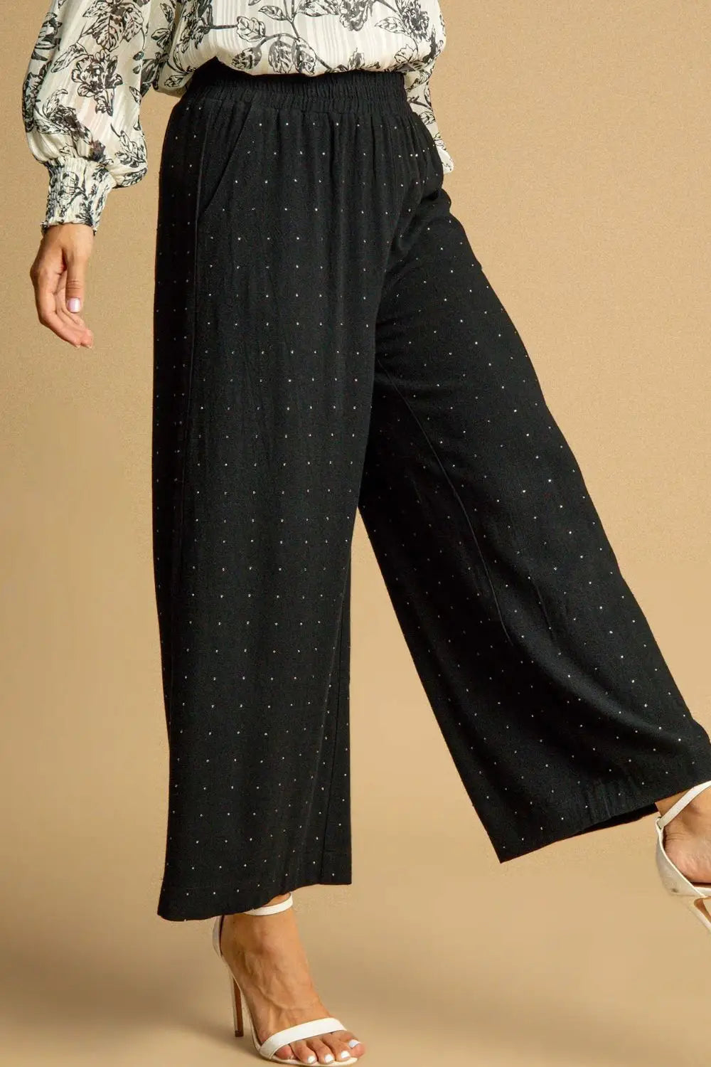 Black Rhinestone Embellished Linen Pants - Pants