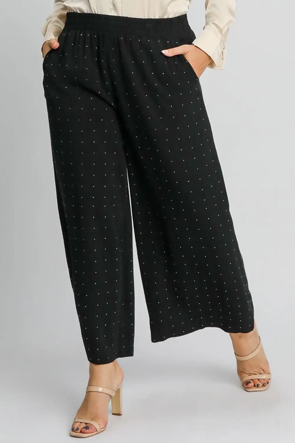 Black Rhinestone Embellished Linen Pants - Pants