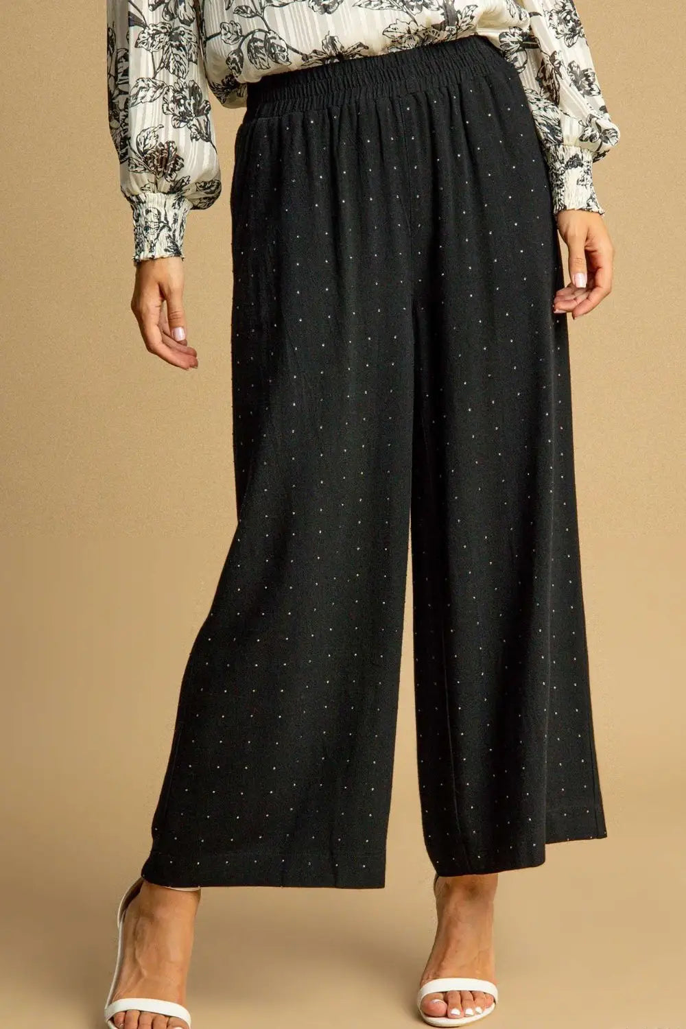 Black Rhinestone Embellished Linen Pants - Pants