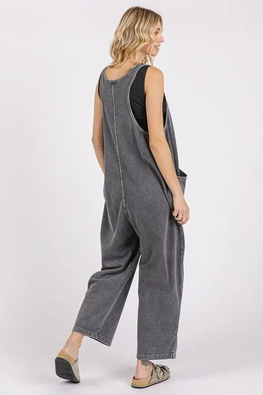 Black Scoop Neck Wide Leg Overalls - Overalls