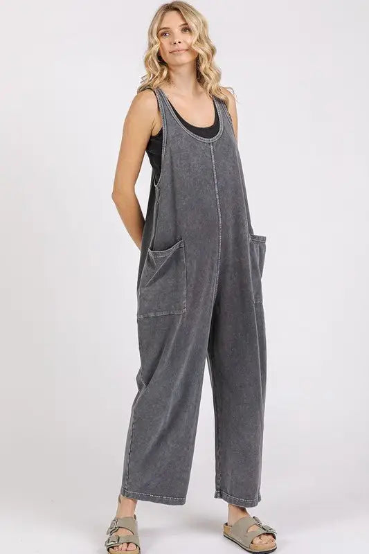 Black Scoop Neck Wide Leg Overalls - Overalls