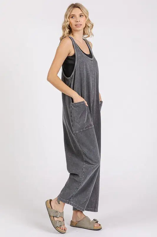 Black Scoop Neck Wide Leg Overalls - Overalls