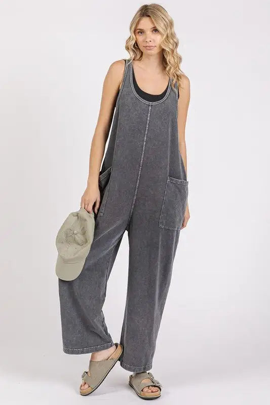 Black Scoop Neck Wide Leg Overalls - Overalls