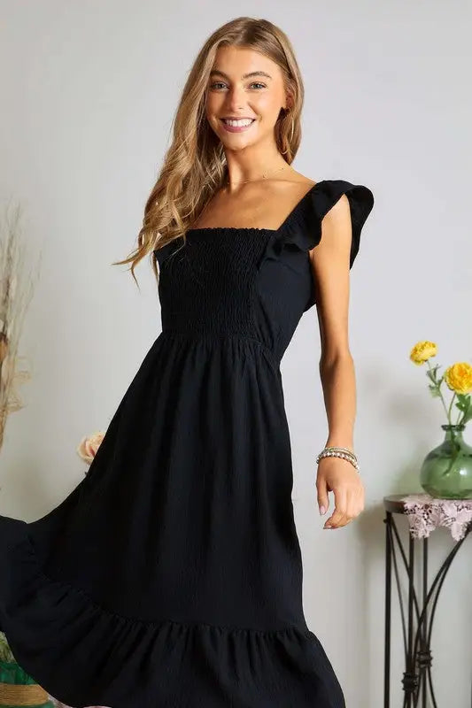 ADORA Smocked Square Neck Ruffled Cap Sleeve Dress - Eclectage
