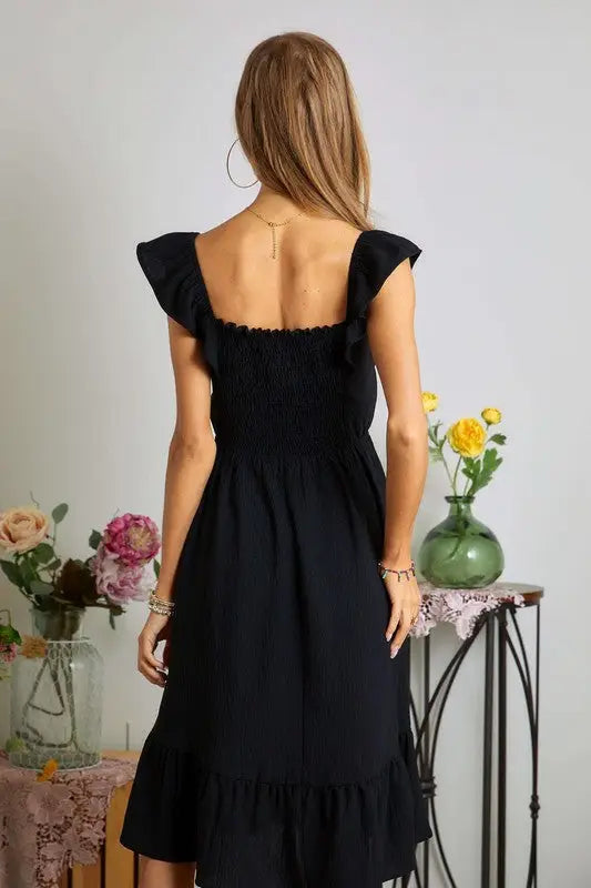 ADORA Smocked Square Neck Ruffled Cap Sleeve Dress - Eclectage