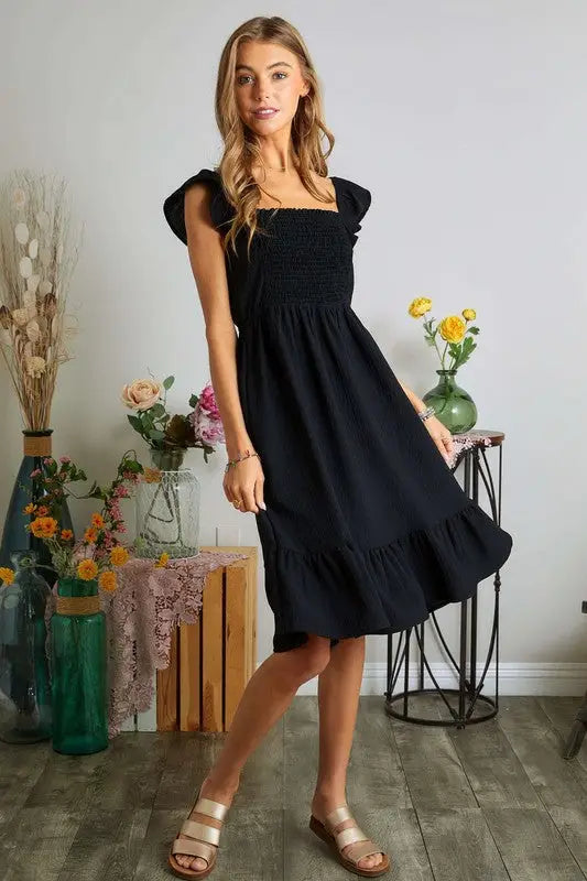 ADORA Smocked Square Neck Ruffled Cap Sleeve Dress - Eclectage