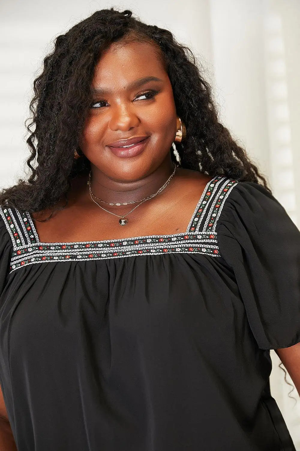 Black Square Neck Puff Sleeve Blouse - Blouses