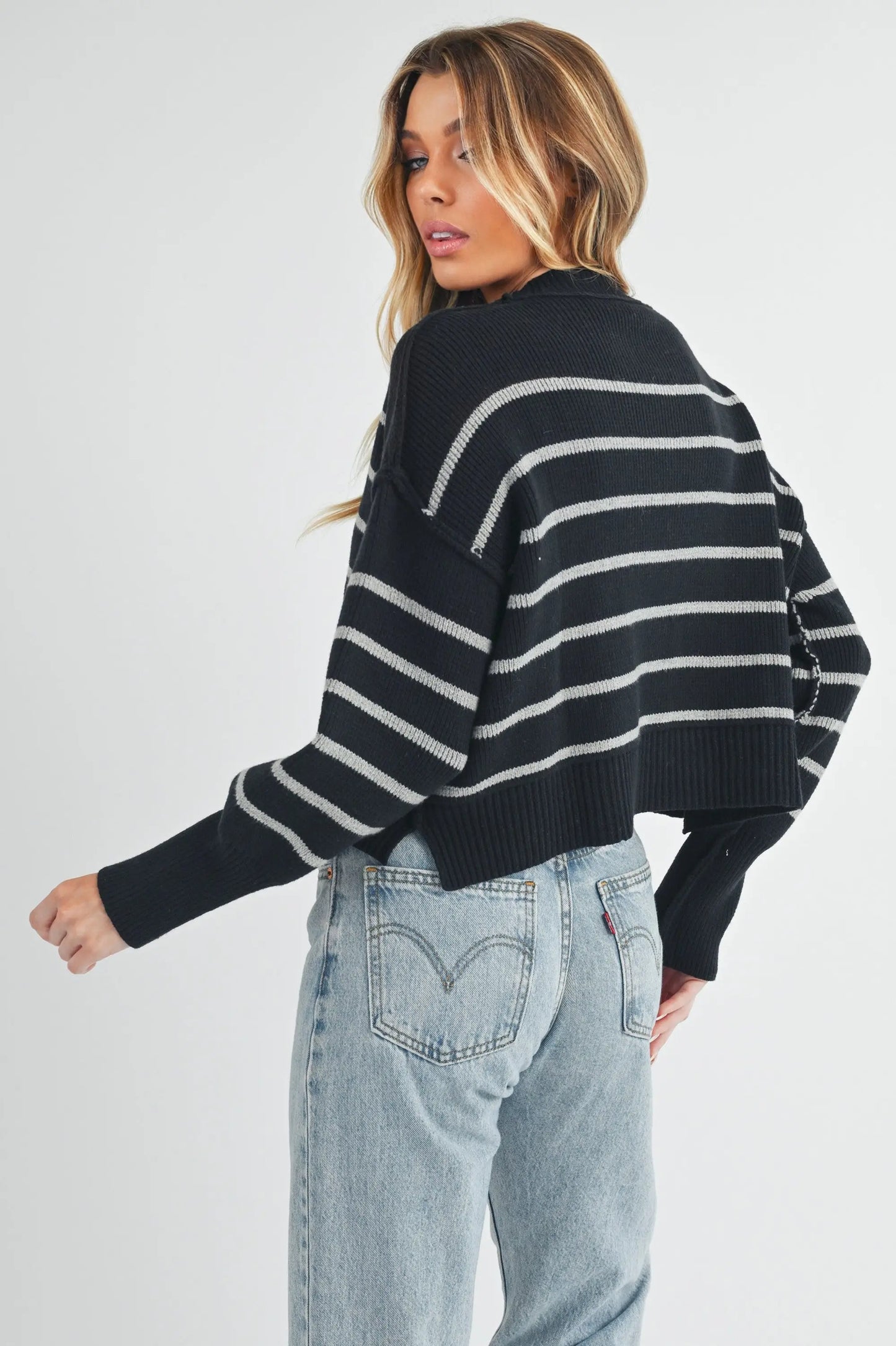 Aemi + Co Side Slit Striped Round Neck Knit Top - Eclectage