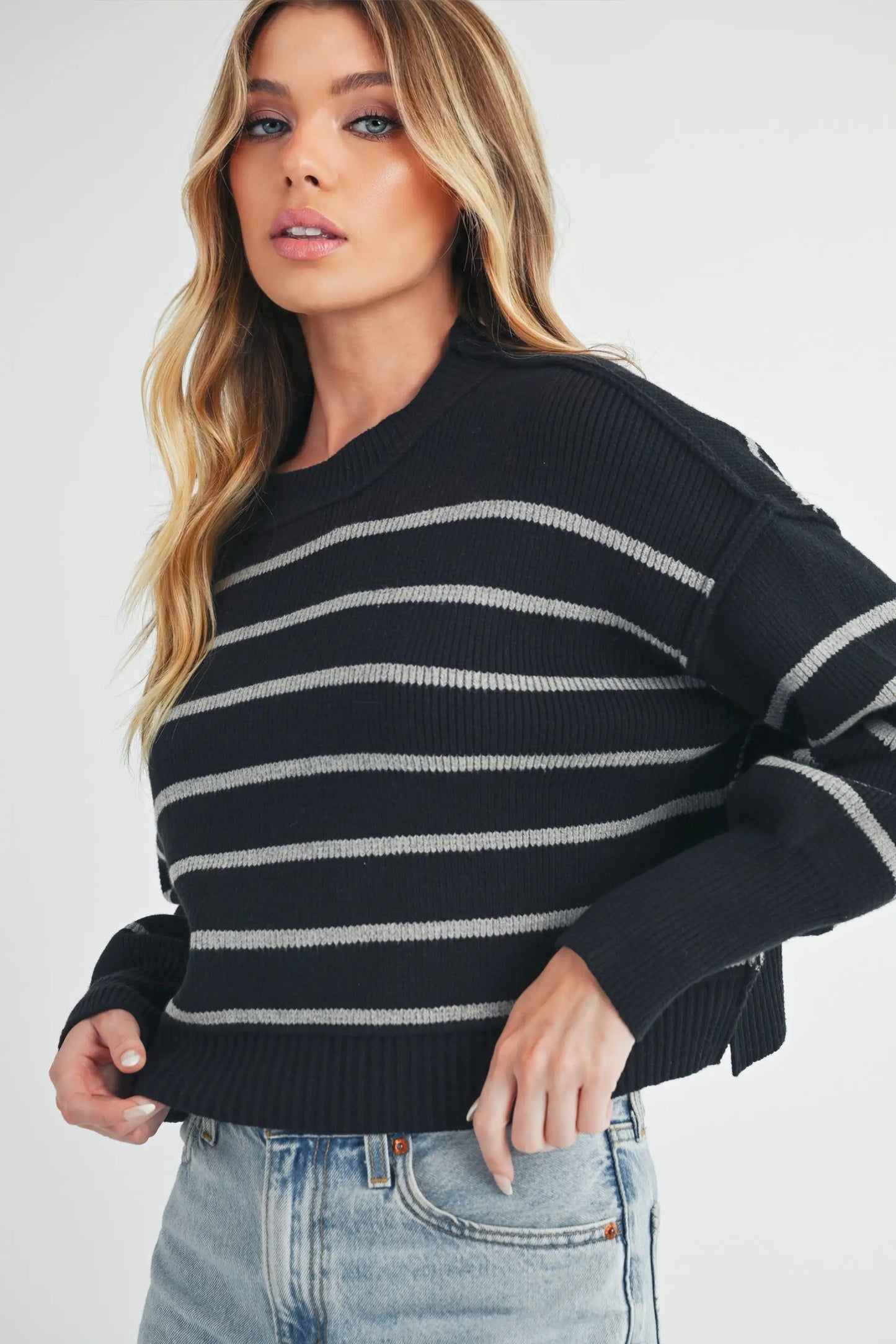Aemi + Co Side Slit Striped Round Neck Knit Top - Eclectage
