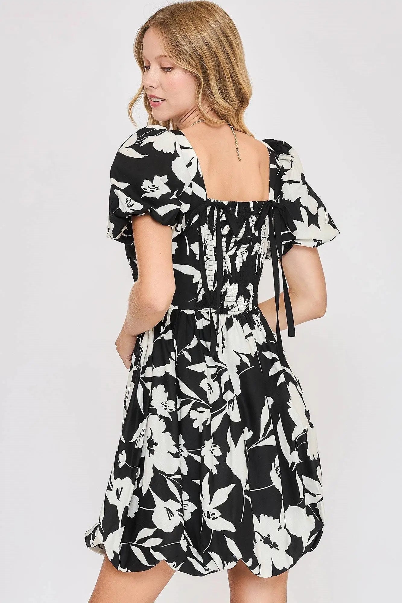Black & White Floral Print Babydoll Dress - Mini Dresses