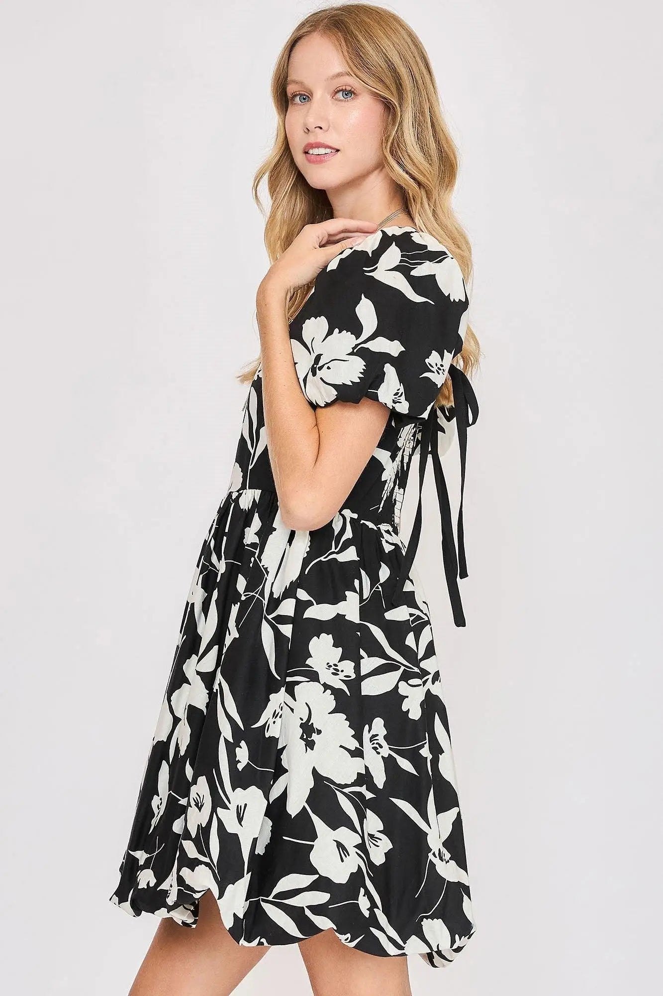 Black & White Floral Print Babydoll Dress - Mini Dresses