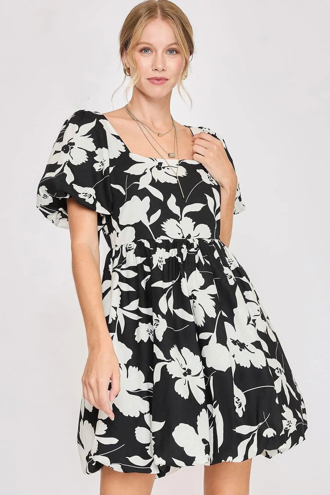Black & White Floral Print Babydoll Dress - Mini Dresses