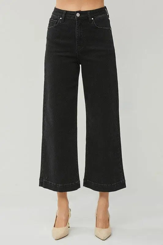 Black Wide Leg Ankle Jeans - Cropped Jeans