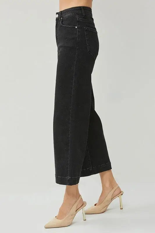 Black Wide Leg Ankle Jeans - Cropped Jeans