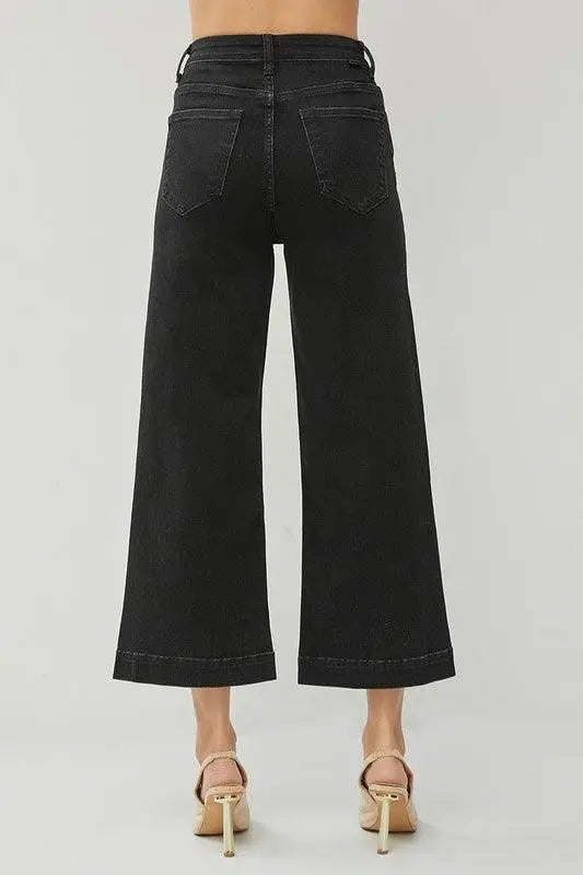 Black Wide Leg Ankle Jeans - Cropped Jeans