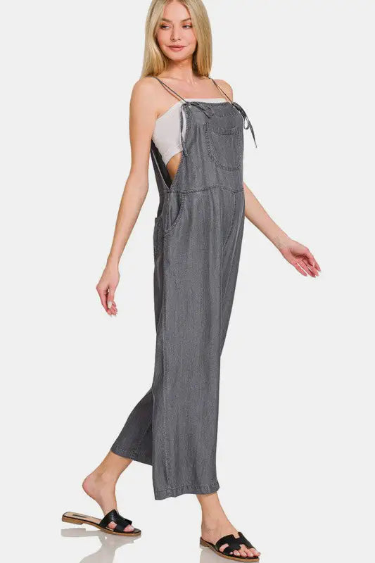 Black Wide Leg Denim Overalls - Eclectage