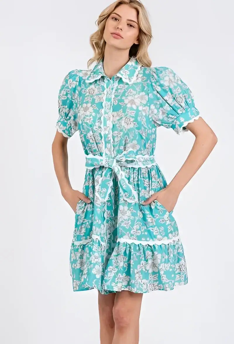 Blue Floral Scalloped Shirt Dress - Eclectage
