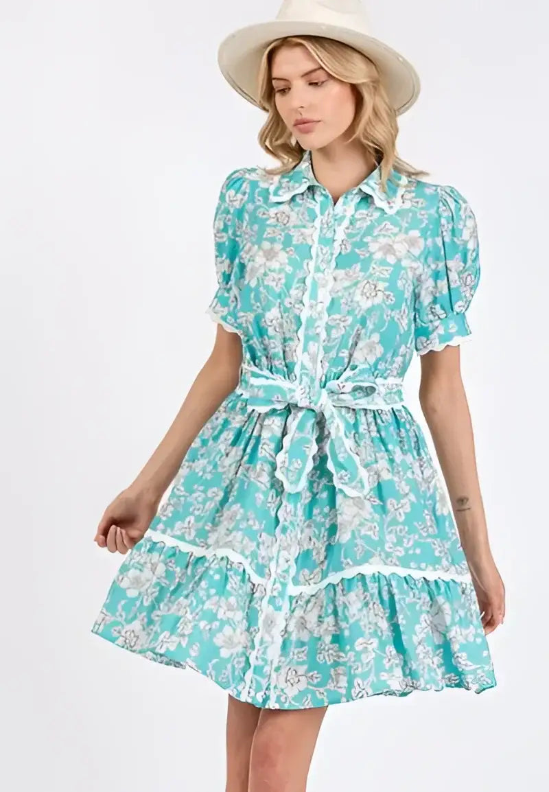 Blue Floral Scalloped Shirt Dress - Eclectage