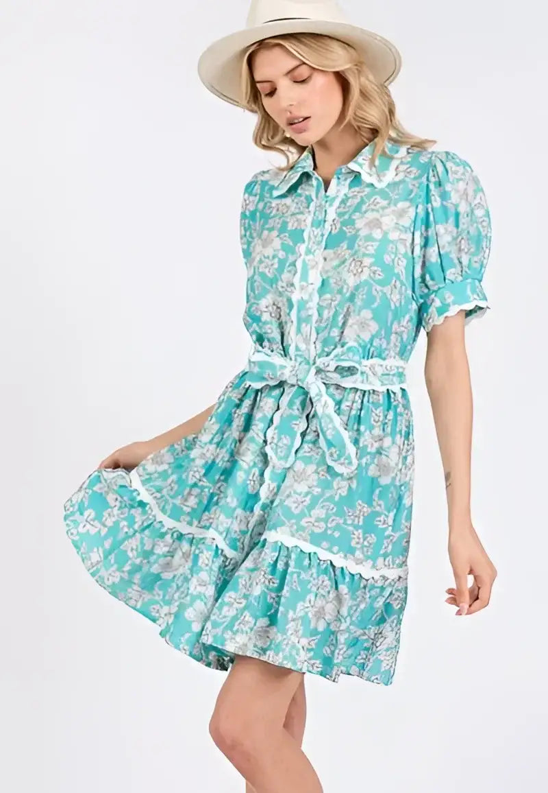 Blue Floral Scalloped Shirt Dress - Eclectage