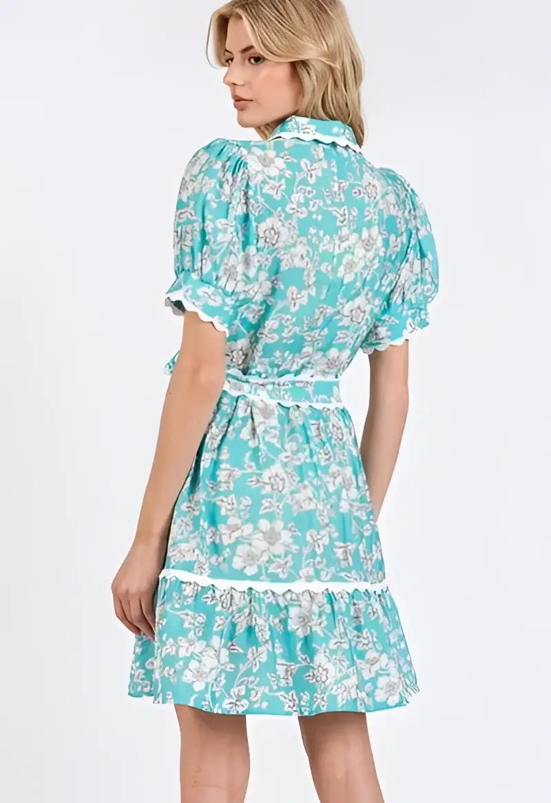 Blue Floral Scalloped Shirt Dress - Eclectage