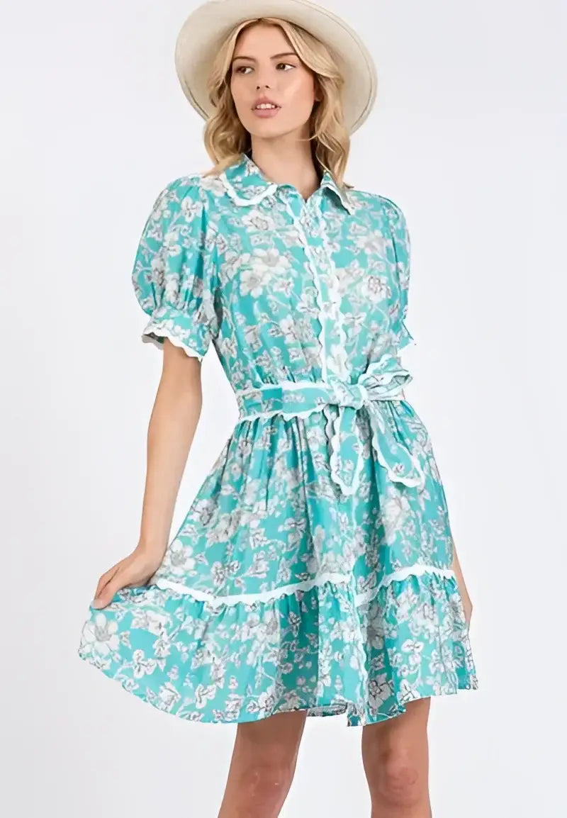 Blue Floral Scalloped Shirt Dress - Eclectage