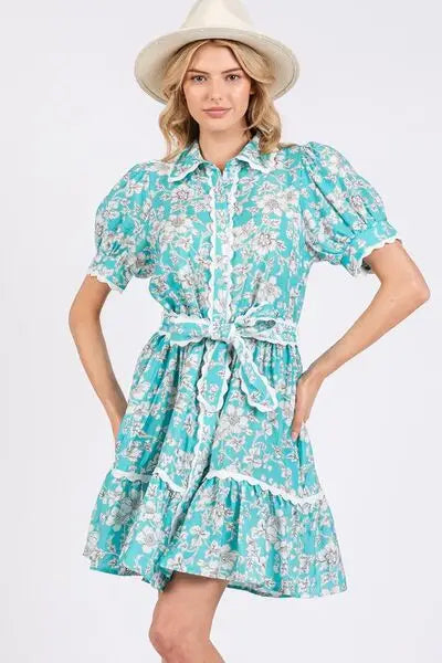 Blue Floral Scalloped Shirt Dress - Eclectage