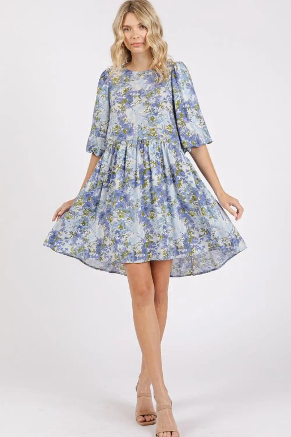 Mittoshop Flower Print Linen Blend Babydoll Mini Dress - Eclectage