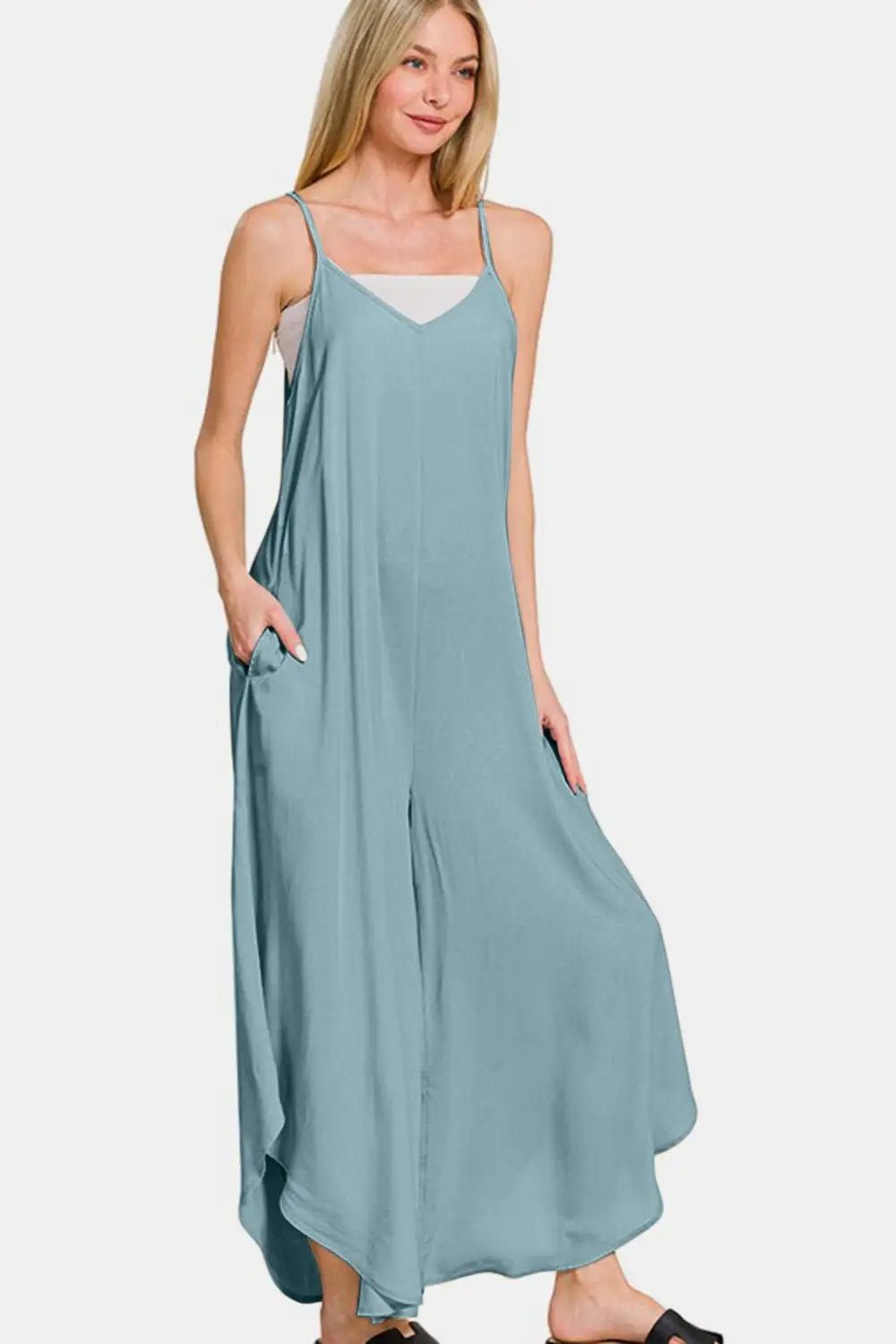 Blue Grey Wide Leg Overalls - Overalls