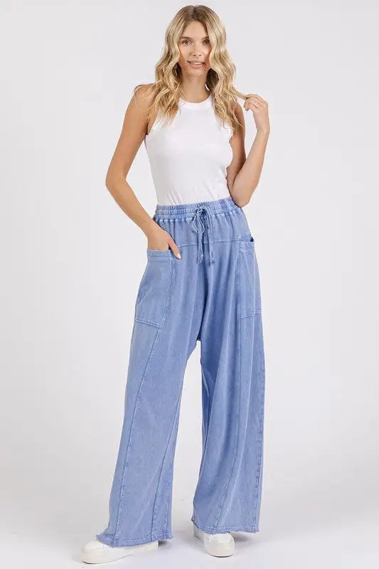 Blue Mineral Wash Baggy Pants - Pants