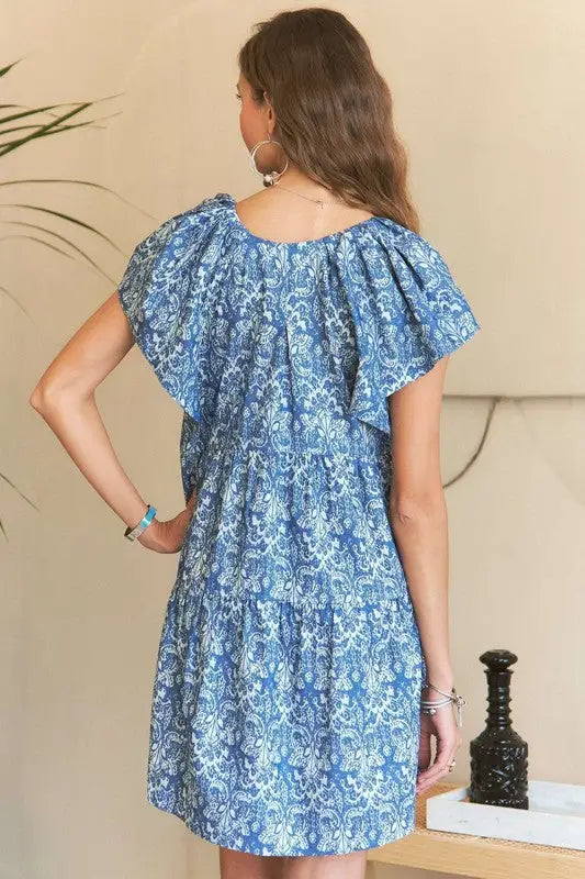 Blue Printed Ruffle Sleeve Mini Dress - Eclectage